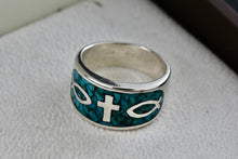 Load image into Gallery viewer, Native American Silver Large Turquoise Chip Inlay Fish &amp; Cross Christian Faith Ring Size 8.5
