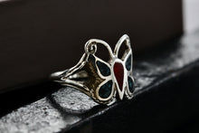 Load image into Gallery viewer, Native American Silver Handmade Butterly Red Coral &amp; Turquoise Chip Inlay Ring Sz. 6
