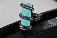 Load image into Gallery viewer, Sterling Silver Rhinestone Wrapped Turquoise Bar Ring Size 7
