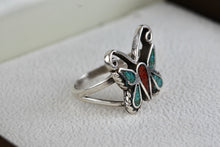 Load image into Gallery viewer, Native American Silver Turquoise &amp; Red Coral Chip Inlay Butterfly Handmade Ring Size 6.5
