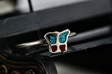 Load image into Gallery viewer, Native American Silver Red Coral &amp; Blue Turquoise Chip Inlay Butterfly Mini Ring Size 5.5
