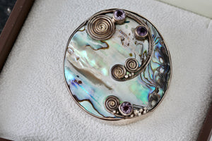 Sterling Silver Large Handmade Abalone Shell Inlay Purple Amethyst Medallion Pendant