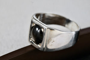 Sterling Silver Round Black Star Sapphire Square Dome Ring Size 9