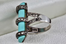 Load image into Gallery viewer, Sterling Silver Rhinestone Wrapped Turquoise Bar Ring Size 7
