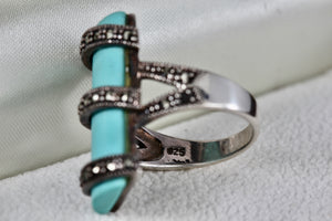 Sterling Silver Rhinestone Wrapped Turquoise Bar Ring Size 7