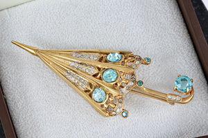 Sterling Silver Vermeil Umbrella Aquamarine Rhinestone 3.5" Brooch Pin