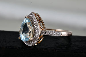 Vermeil Sterling Silver Teardrop Aquamarine CZ Diamonds Ring Size 7 Signed