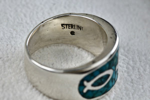 Native American Silver Large Turquoise Chip Inlay Fish & Cross Christian Faith Ring Size 8.5