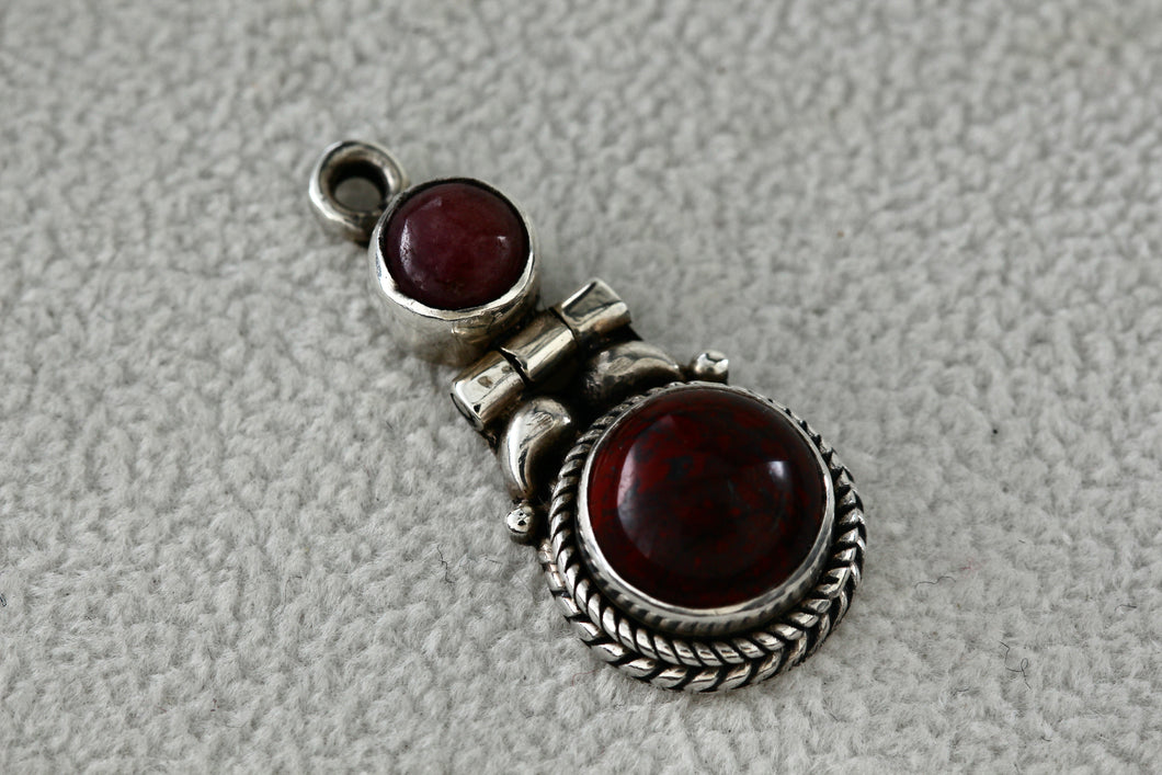 Sterling Silver Red Jasper Pink Rhodonite Double Bead Hinge Hand Made Pendant