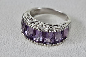 Sterling Silver Large Purple Amethysts Row Emerald Cut Filigree Dome Ring Size 9