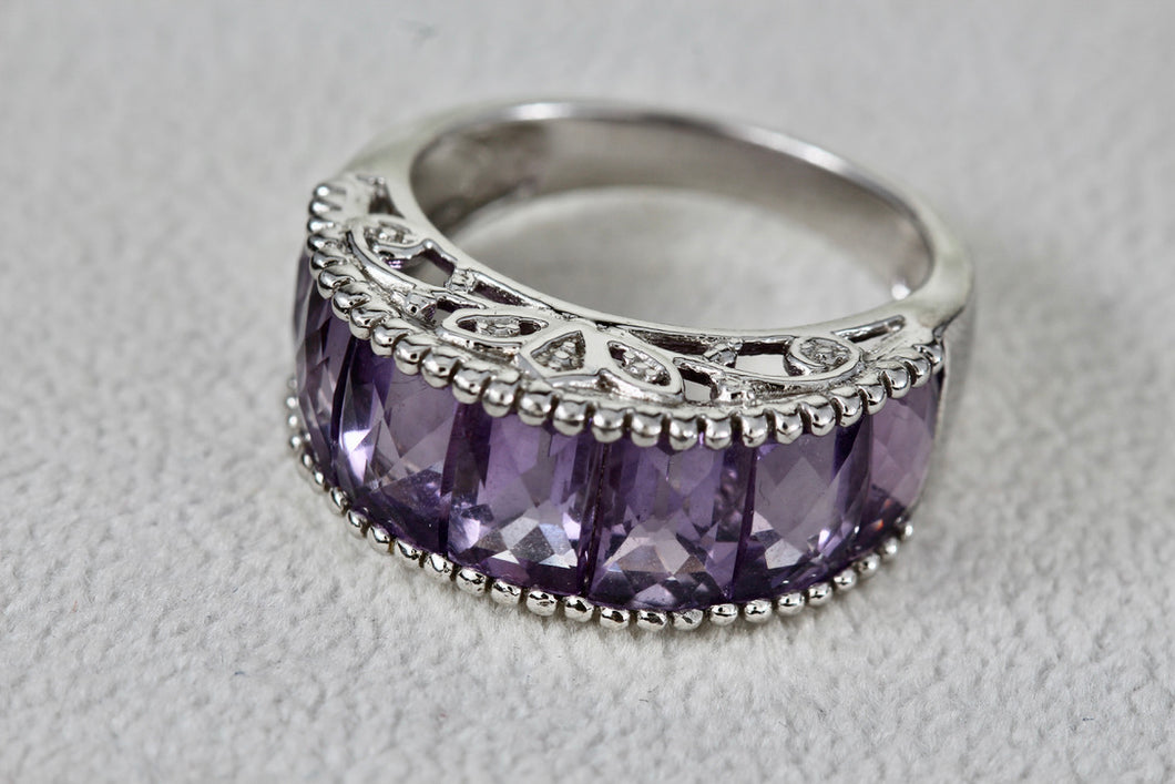 Sterling Silver Large Purple Amethysts Row Emerald Cut Filigree Dome Ring Size 9
