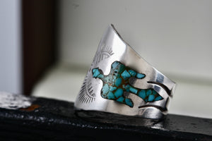 Native American Silver Turquoise Chip Inlay Thunderbird Spoon Ring Size 5