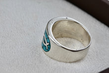 Load image into Gallery viewer, Native American Silver Large Turquoise Chip Inlay Fish &amp; Cross Christian Faith Ring Size 8.5
