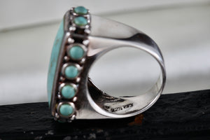 Native American Silver Large Rectangle Turquoise Bead Statement Signed Ring Size 6