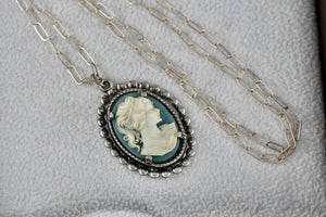 Sterling Silver Victorian Blue White Cameo Pendant 20" Necklace