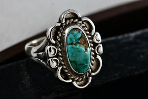 Native American Sterling Silver Elegant Oval Earthy Turquoise Handmade Ring Size 5.5