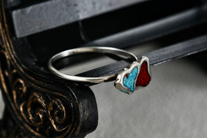 Native American Silver Red Coral & Blue Turquoise Chip Inlay Double Heart Mini Ring Size 5