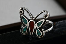 Load image into Gallery viewer, Native American Silver Turquoise &amp; Red Coral Chip Inlay Butterfly Handmade Ring Size 6.5
