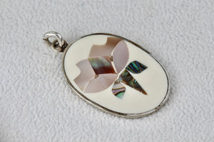 ALPACA Mexico Silver Rose Flower Abalone Inlay Handmade Oval Pendant