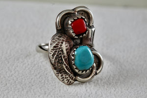 Sterling Silver Native American Turquoise & Red Coral Owl Handmade Ring Size 5