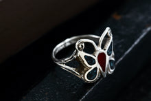 Load image into Gallery viewer, Native American Silver Handmade Butterly Red Coral &amp; Turquoise Chip Inlay Ring Sz. 6
