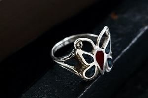 Native American Silver Handmade Butterly Red Coral & Turquoise Chip Inlay Ring Sz. 6