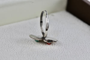 Native American Silver Red Coral & Turquoise Bead Semi Moons Handmade Ring Size 5