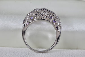 Sterling Silver Large Purple Amethysts Row Emerald Cut Filigree Dome Ring Size 9