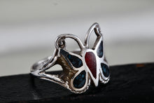 Load image into Gallery viewer, Native American Silver Handmade Butterly Red Coral &amp; Turquoise Chip Inlay Ring Sz. 6
