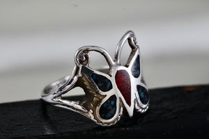 Native American Silver Handmade Butterly Red Coral & Turquoise Chip Inlay Ring Sz. 6