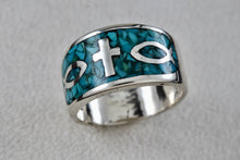 Load image into Gallery viewer, Native American Silver Large Turquoise Chip Inlay Fish &amp; Cross Christian Faith Ring Size 8.5
