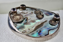 Load image into Gallery viewer, Sterling Silver Large Handmade Abalone Shell Inlay Purple Amethyst Medallion Pendant
