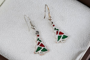 Silver Green & Red Enamel Christmas Tree Dangle Earrings