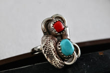 Load image into Gallery viewer, Sterling Silver Native American Turquoise &amp; Red Coral Owl Handmade Ring Size 5
