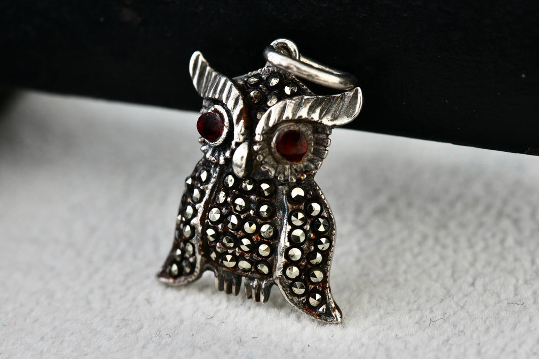 Sterling Silver Ruby Eyes Rhinestone Owl Charm Pendant Vintage