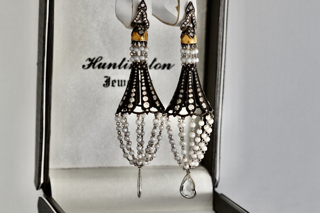 Sevan Bicakci 18Kt. Oxidized Gold Platinum Diamond Pearl Chandelier Drop Great Gatsby Earrings
