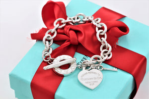 Return To Tiffany & Co. Silver Heart Toggle Mini Key Charm 7.5" Bracelet