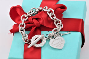 Return To Tiffany & Co. Silver Heart Toggle Mini Key Charm 7.5" Bracelet