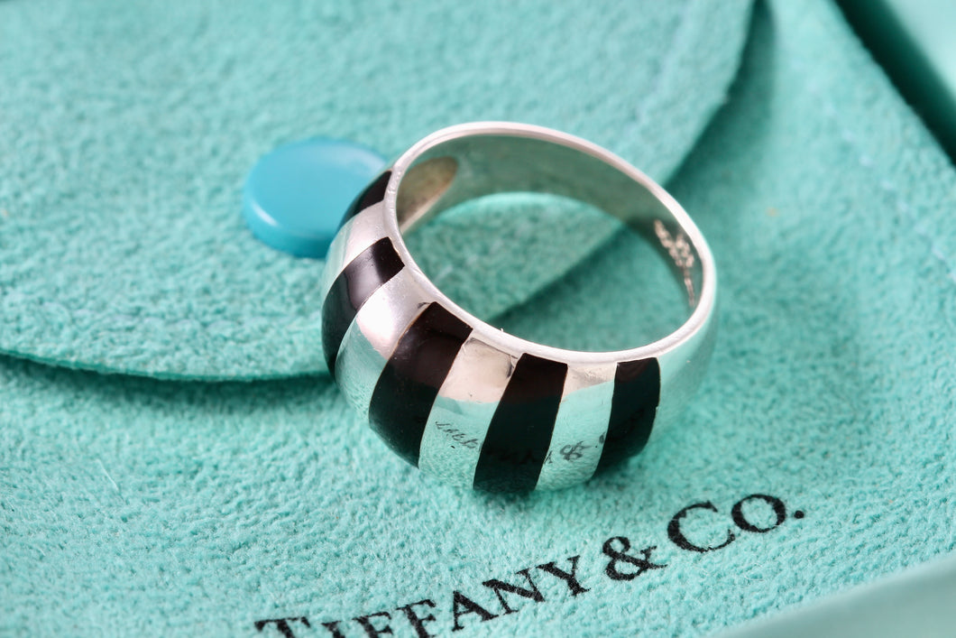 Tiffany & Co. Silver Black Enamel Stripe Dome Ring Size 6.5