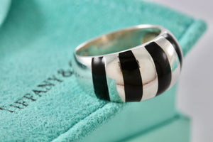 Tiffany & Co. Silver Black Enamel Stripe Dome Ring Size 6.5