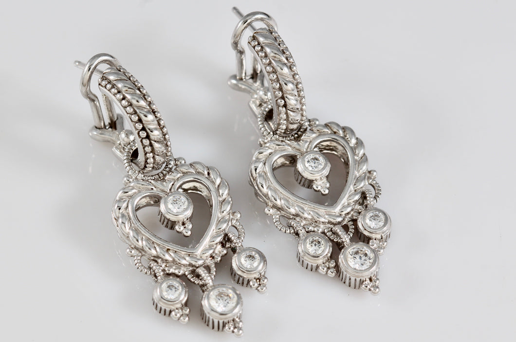 Judith Ripka Sterling Silver Dangling CZ Diamond Heart Earrings