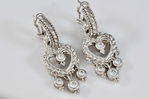 Judith Ripka Sterling Silver Dangling CZ Diamond Heart Earrings
