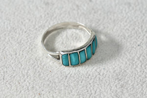 Native American Silver 6 Turquoise Inlay Row Handmade Ring Size 8