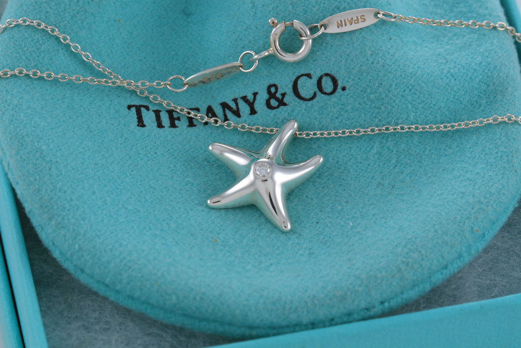 Tiffany & Co. Elsa Peretti Silver Diamond Small Starfish Pendant Necklace