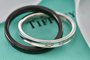 Tiffany & Co. 1837 Black Midnight Titanium & Silver Interlocking Band Rings Size 7