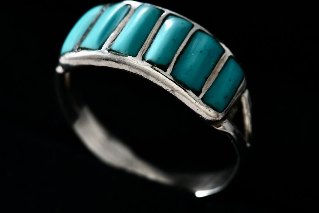 Native American Silver 6 Turquoise Inlay Row Handmade Ring Size 8