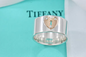 Tiffany & Co. 18K Rose Gold & Silver Heart Locks Keyhole Wide Band Ring Sz 6