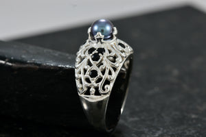 Black Tahitian Pearl Filigree Sterling Silver Ring Size 8