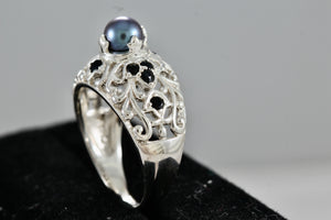 Black Tahitian Pearl Filigree Sterling Silver Ring Size 8