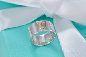 Tiffany & Co. 18K Rose Gold & Silver Heart Locks Keyhole Wide Band Ring Sz 6
